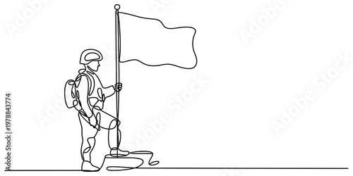 A single continuous line drawing of a soldier standing proudly while holding a blank waving flag Vector, illustration