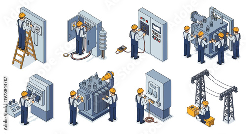 Isometric illustration depicting electrical workers performing maintenance on various power infrastructure components detailed silhouette high quality professional modern elegant stylish clean
