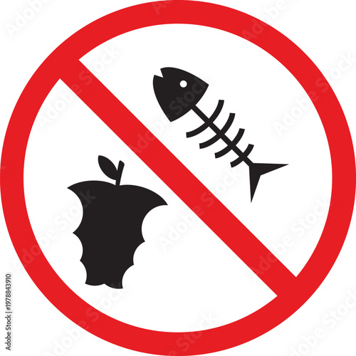No food waste symbol prohibition sign with apple core and fish skeleton isolated on white background for environmental concepts
