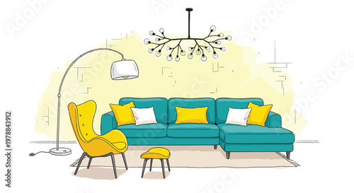 A brightly colored living room illustration featuring a curved floor lamp sofa armchair and stool
