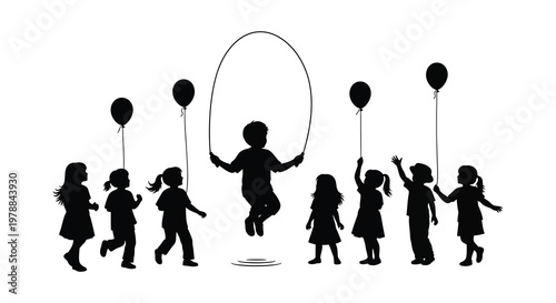 A group of children joyfully playing with balloons and a jump rope depicted in black silhouette high quality professional detailed modern