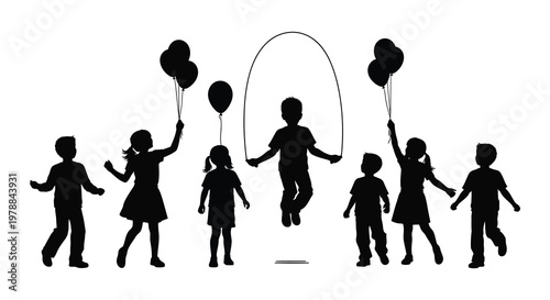 A group of children enjoying playtime with balloons and a jump rope depicted in striking silhouette high quality professional detailed modern