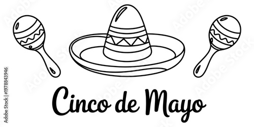 A festive line art illustration for cinco de mayo featuring a traditional sombrero and maracas Vector, illustration