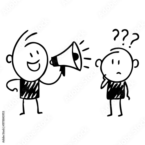 A cartoon illustration of a person speaking through a megaphone to another person with confused expression