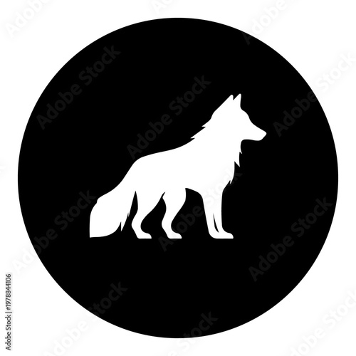 A wolf symbol in the center. Isolated white symbol in black circle. Illustration on transparent background