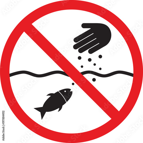 No feeding fish sign prohibition symbol with hand and fish in water vector illustration for warning and information