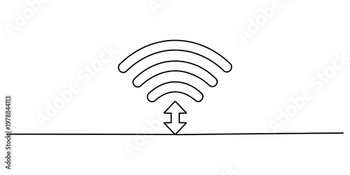 A minimalist black and white line art illustration featuring a wifi symbol and a double arrow. Vector, illustration