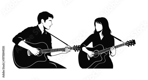 A couple intimately plays acoustic guitars side by side depicted in a striking black and white silhouette high quality professional detailed modern elegant