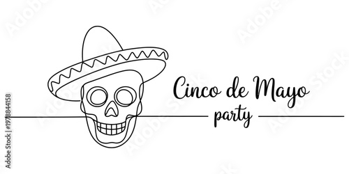 A continuous line drawing of a skull wearing a mexican sombrero for a cinco de mayo celebration Vector, illustration