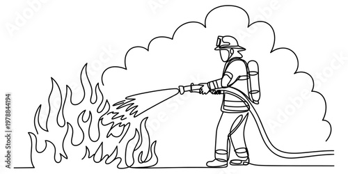 A black and white line art illustration of a brave firefighter extinguishing a large raging fire Vector, illustration