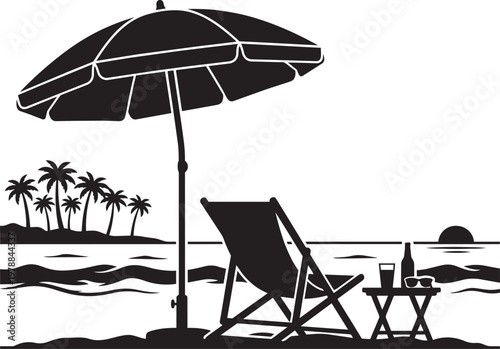 Beach chair and umbrella on tropical island with drinks and sunset silhouette