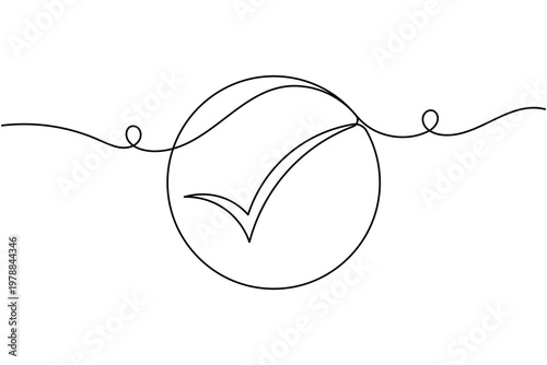 Success mark in circular icon continuous one line drawing minimalist completion verified symbol outline vector illustration