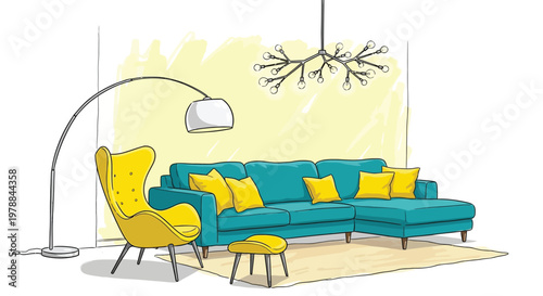 A brightly colored living room interior featuring a modern sofa armchair and unique floor lamp