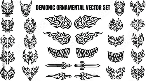 Collection of demonic ornamental vector designs featuring sharp teeth, stylized flames, and horned masks in black and white.