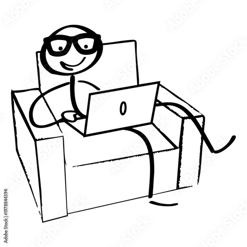 A cartoon character sitting in a cardboard box with a laptop