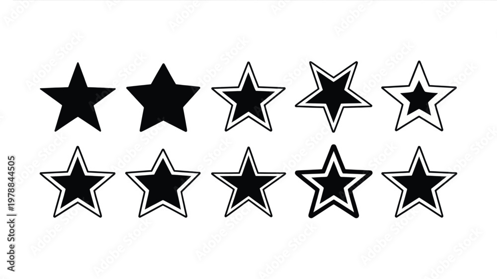 Obraz premium Ten unique stylized star icons featuring solid black centers and various sharp geometric outlines presented in two horizontal rows arranged neatly isolated on white background