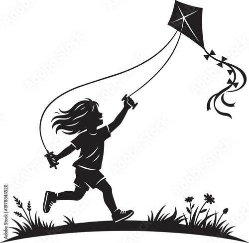 Black and white icon set with child, kite, and silhouette in outline style