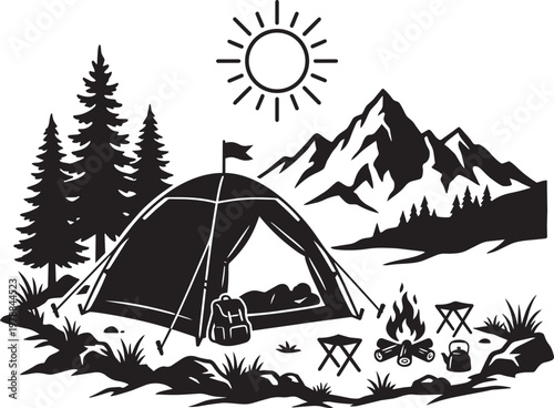 Camping scene illustration with tent, campfire, mountains, trees, and sun