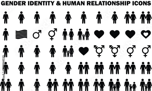 Collection of diverse icons representing gender identities and human relationships including male, female, transgender symbols couples families and hearts.