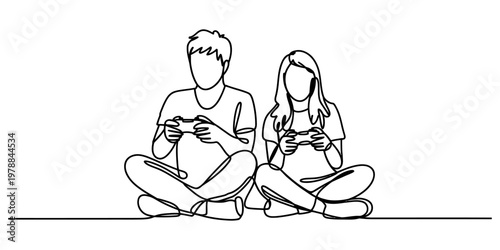 Continuous line drawing of a young couple sitting together on the floor playing video games