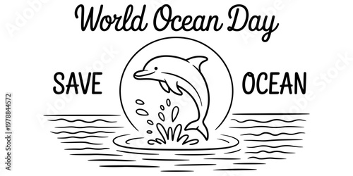 Black and white line art illustration featuring a jumping dolphin to celebrate world ocean day.