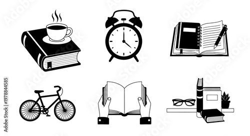 Black and white icons of daily life.