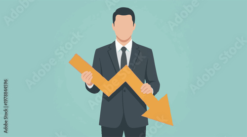 Businessman holding a downward arrow symbolizing market decline and loss