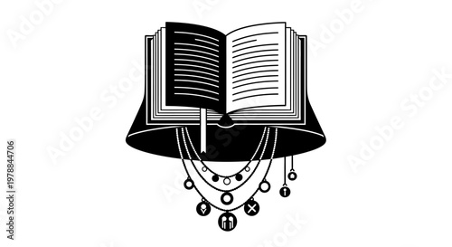 An open book on a decorative lamp.