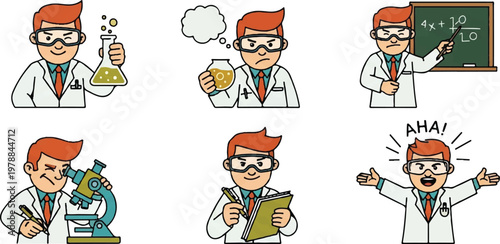 Scientist in lab coat with experiments and concepts vector illustration