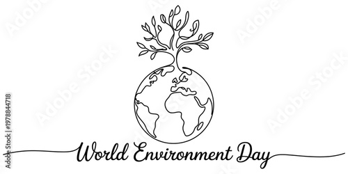 A minimalist black and white line art illustration celebrating the annual world environment day
