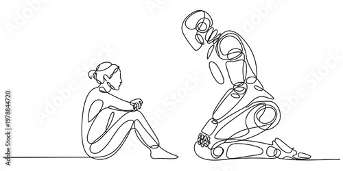 A minimalist single line drawing of a human sitting and facing a robot kneeling on the ground.