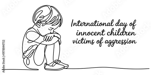 Continuous line drawing of a sad child for the international day of innocent children victims.