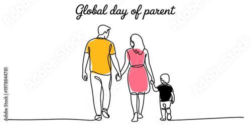 A single line drawing representing the global day of parents with a family walking together.