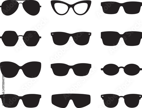 Collection of diverse sunglasses silhouettes in a grid layout in outline style