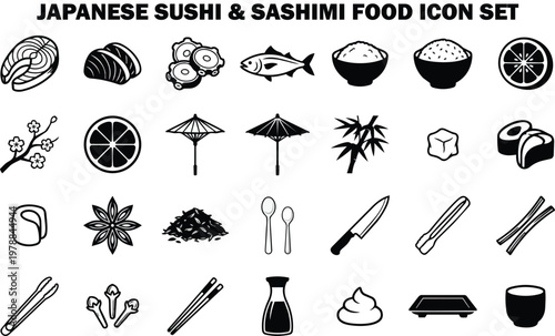 Assortment of japanese sushi and sashimi food icons are displayed in neat rows, showcasing culinary elements.