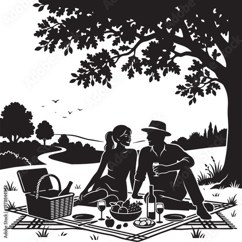Couple enjoying a romantic picnic under a large tree with rolling hills and a winding path