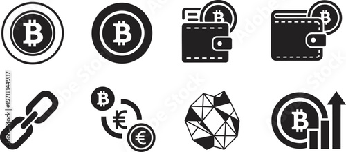 Black and white cryptocurrency icons bitcoin wallet chain and market growth representation