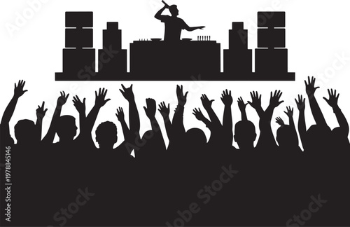 DJ playing music with cheering crowd at concert or festival event silhouette