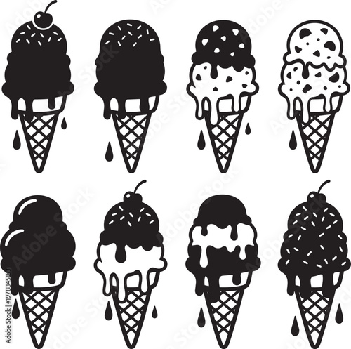 Eight melting ice cream cones in cones, various styles, black silhouette illustration