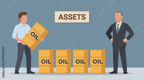 Men managing oil barrels as financial assets and commodities