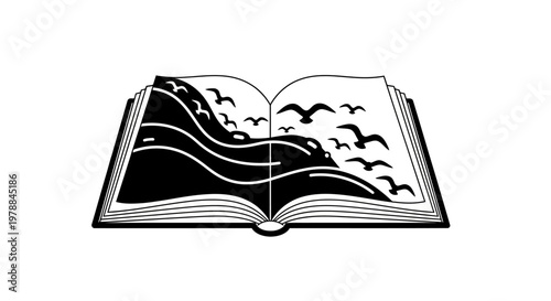 An open book with flying birds.