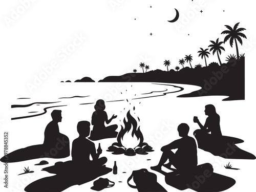 Group of friends enjoying a bonfire on a tropical beach at night under a crescent moon