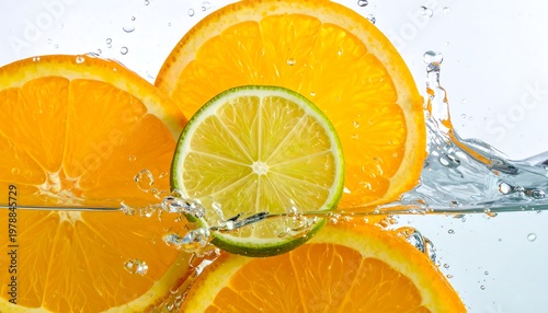 Fresh citrus fruits splashing in clear water, refreshing concept.