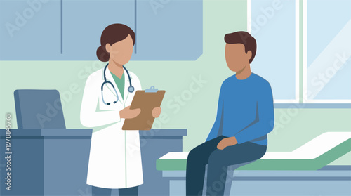 Female doctor holding clipboard consulting male patient in medical office