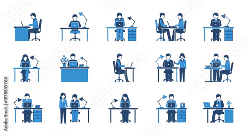 People working at office desks.