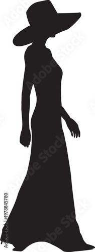 Long dress icon set with wide brim hat, evening gown, and black and white in outline style