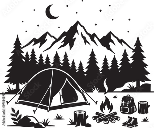 Night camping scene with tent, campfire, mountains and pine forest