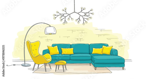 A brightly colored illustration of a modern living room featuring a sectional sofa and floor lamp