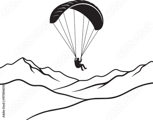 Paraglider silhouette flying over stylized mountain landscape in minimal outline vector