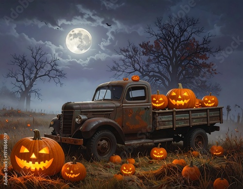Halloween Night Truck Transporting Glowing Pumpkins Under Moonlight.